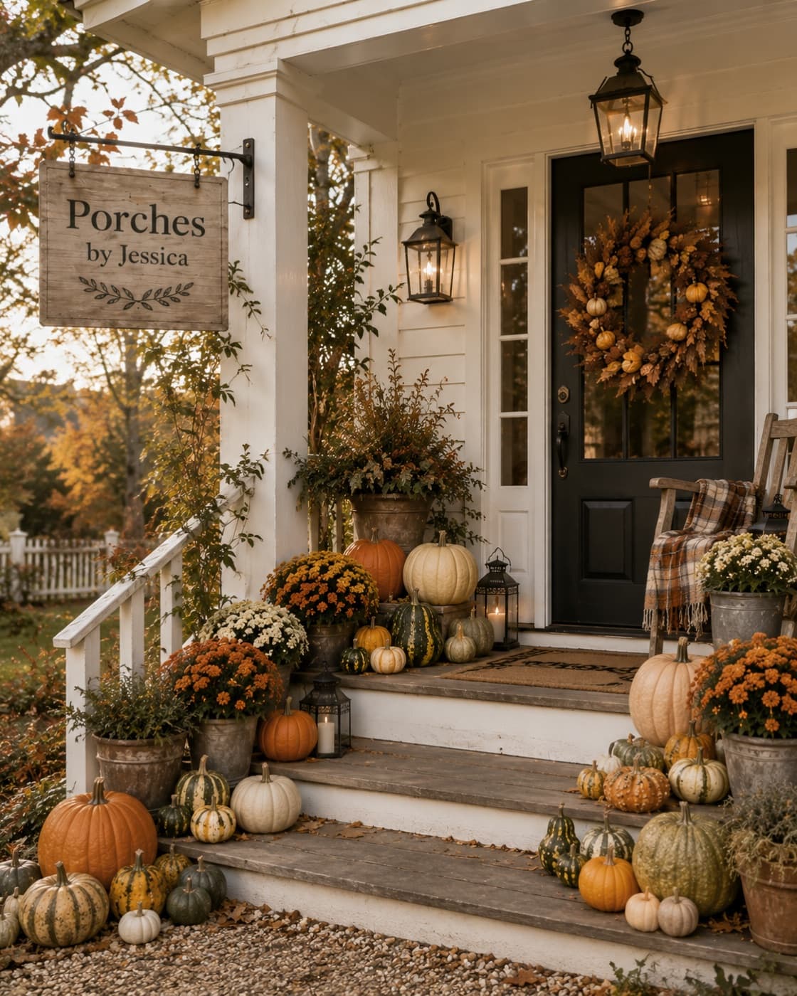 A front porch styled by Jessica for fall — pumpkins, gourds, mums and a leaf wreath, with a hanging 'Porches by Jessica' sign